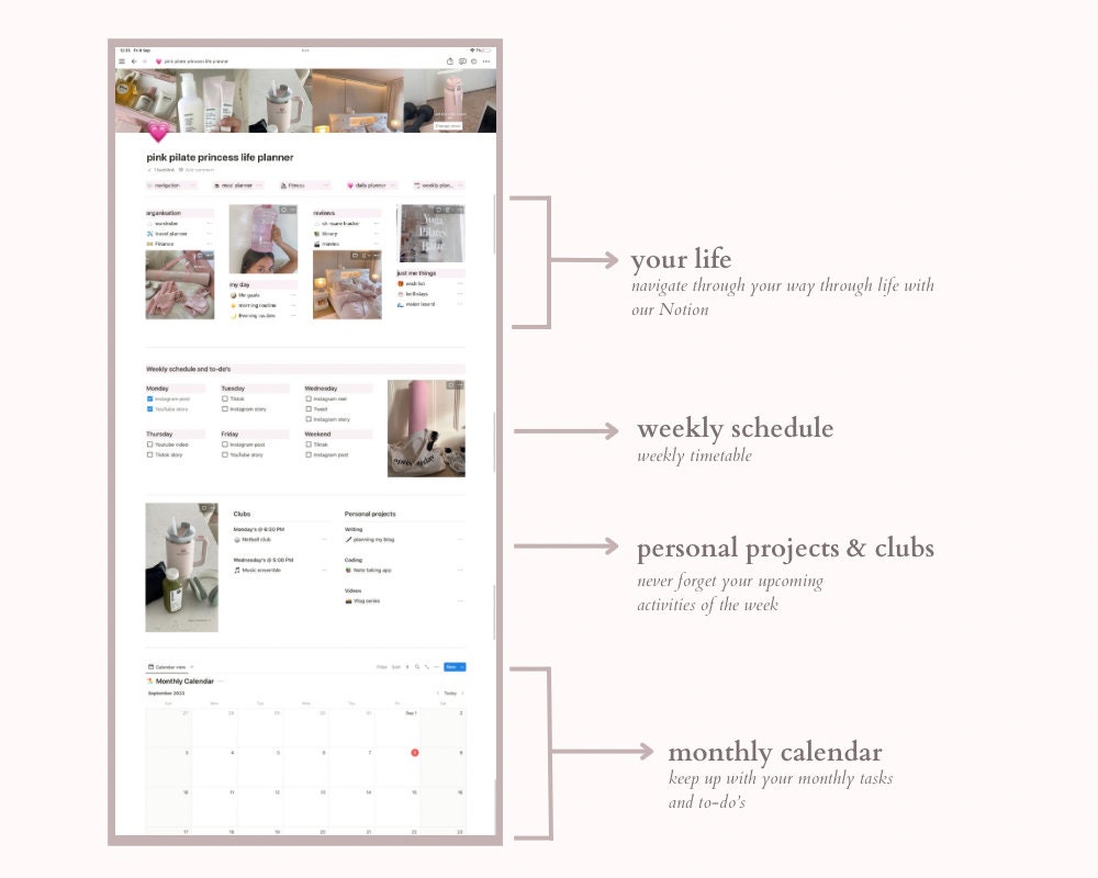pink pilates princess notion - Notion template for self-care