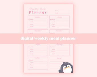 Kawaii Pink Penguin Digital Weekly Meal Planner | Cute GoodNotes Template | Aesthetic Christmas Gifts For Her