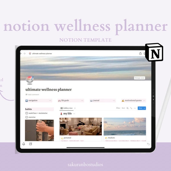 Ultimate Notion Wellness Planner, Self Care Notion Dashboard, That Girl Personal Planner, Clean Girl Glow Up Digital Journal For Ipads