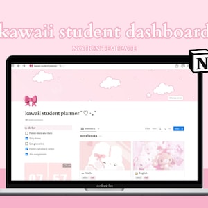 Kawaii Student Notion Planner Template, Cute School Planner Notion, Kawaii Notion, Kawaii School Planner, Notion School Dashboard