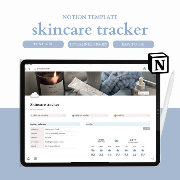 That Girl Ultimate Notion Skin Care Tracker Template, Aesthetic Notion Skincare, Cute Blue Notion Tracker, Digital Skincare Tracker