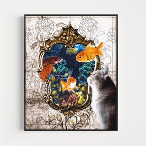 Fish Wall Art, Fish Art Print, Cat Wall Art, Cat Poster, Collage Art Print, Collage Wall Art, Vintage Art Print, Surreal Wall Art