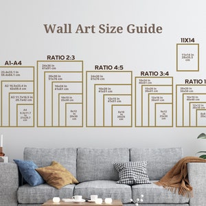 May include: A wall art size guide with different ratios and measurements in inches and centimeters. The guide includes standard paper sizes like A1, A2, A3, and A4, as well as common ratios like 2:3, 3:4, 4:5, and 1:1.