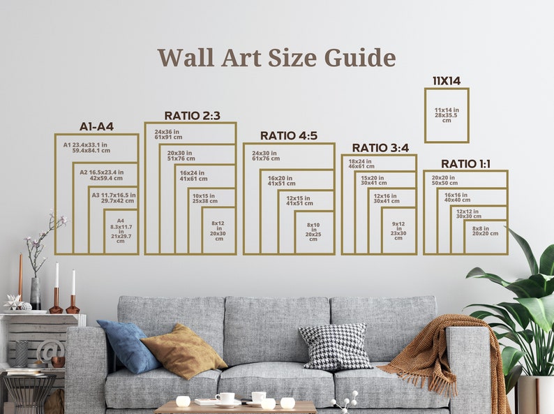 May include: A wall art size guide with different ratios and measurements in inches and centimeters. The guide includes standard paper sizes like A1, A2, A3, and A4, as well as common ratios like 2:3, 3:4, 4:5, and 1:1.