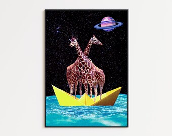 Giraffe Wall Art, Cosmic Art Print, Surreal Art Print, Retro Art Print, Vintage Retro Art, Space Art Wall, Surrealism Art, Wall Decor Art