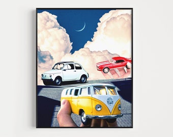 Arte de pared de coche deportivo, arte de pared de coche, impresión de arte de collage, arte de cartel de coche, arte de coche de estilo vintage, impresión de arte surrealista, collage surrealista