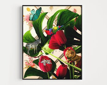 Abstract Floral Print, Collage Art Print, Flower Wall Art, Animal Art, Jungle Wall Art, Pattern Art Print, Wallpaper Art, Surreal Collage