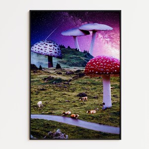 Mushroom Art Print, Vintage Mushroom Decor, Psychedelic, Mushroom Wall Decor, Retro Mushroom Print, Galaxy Art Print, Surrealism Art,