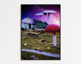 Mushroom Art Print, Vintage Mushroom Decor, Psychedelic, Mushroom Wall Decor, Retro Mushroom Print, Galaxy Art Print, Surrealism Art,