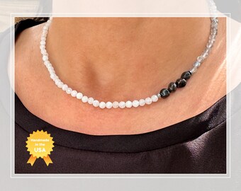 Handmade Moonstone Arfvedsonite Labradorite Necklace: Chakra Healing Crystal Choker, Minimalist Jewelry, USA
