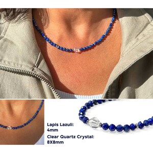 May include: A necklace made with blue lapis lazuli beads and a clear quartz crystal pendant. The beads are 4mm in diameter and the crystal is 8mm by 8mm.