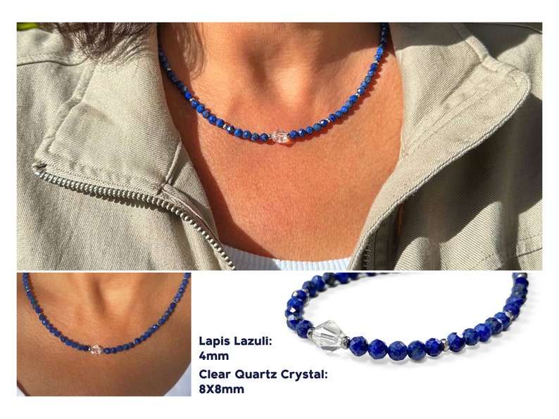 May include: A necklace made with blue lapis lazuli beads and a clear quartz crystal pendant. The beads are 4mm in diameter and the crystal is 8mm by 8mm.
