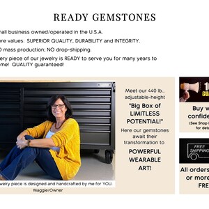 May include: A woman sits in front of a large, black, adjustable tool chest. The chest is labeled "Big Box of Limitless Potential!" and is 440 pounds. The text "READY GEMSTONES" is at the top of the image. The text "EACH jewelry piece is designed and handcrafted by me for YOU. Maggie/Owner" is at the bottom of the image.