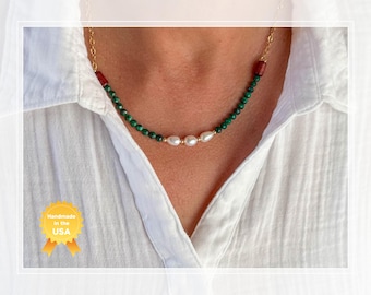 Malachite Necklace, Pearls, Wood, Dainty Gold Chain, Genuine Crystal Layering Choker, Unique Chakra Healing Natural Stone, Trending Jewelry
