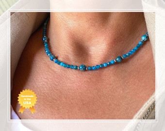 Blue Apatite Crystal Beaded Necklace, Minimalist Beaded Layering Choker, Women's Gemstone Jewelry Gift, Handmade in USA