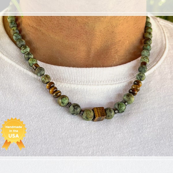 Men's Natural Stone Beaded Necklace African Turquoise and Tigers Eye Hand Knotted Protection Chakra Boho Unique Unisex Gift for Him or Her