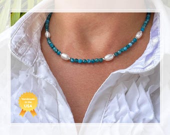 Blue Apatite & Pearl Necklace: Dainty Natural Stone Beaded Choker, Handmade in USA