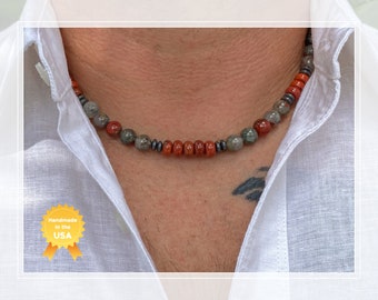 Men's Natural Stone Necklace African Bloodstone and Red Jasper Healing Crystals Root Chakra Protection Bead Necklace Unique Gift Unisex