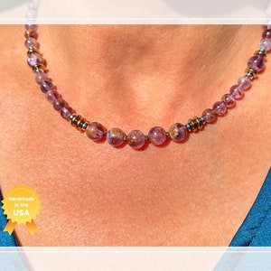 Super 7 Crystal Necklace: Natural Stones Amethyst Cacoxenite Chakra Healing Bohemian Jewelry, Handmade, USA