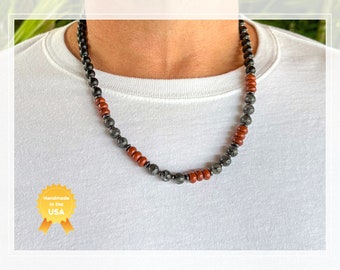 Men's Natural Stone Beaded Necklace Black Onyx Red Jasper and Larvikite Unique Chakra Healing Protection Boho Jewelry Gift Unisex