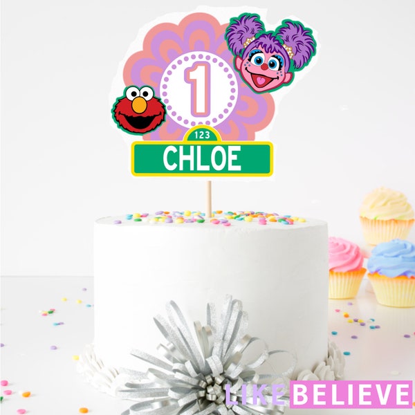 Cake topper, birthday, cumpleaños, one year, Sesame Street, Abby, Elmo, pink flower, girl, uno