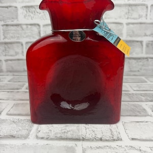 Blenko Ruby Red 384 Double Spout Water Bottle Pitcher Stamped and dated with original sticker and tag.