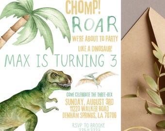 Three-Rex Editable Birthday Invitation|Three-Rex Birthday Theme|Three-Rex Birthday Decor|Boy's Three-Rex Birthday Party|Three-Rex Party