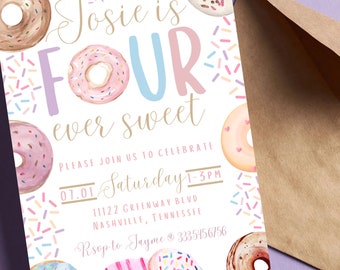 Four Ever Sweet Editable Birthday Invitation|Four Ever Sweet Birthday Decor|Four Ever Sweet Donut Birthday|Donut Birthday Party|Four Ever