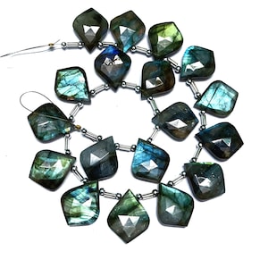 May include: A strand of faceted labradorite gemstone beads in shades of green and blue. The beads are teardrop shaped and strung on silver-toned metal.