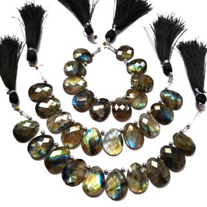 May include: Three strands of labradorite gemstone beads with a pearlescent sheen. The beads are strung on silver wire and have black tassels at each end.
