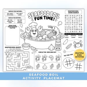 Seafood Boil Activity Placemat Printable, Cajun Crawfish Party Coloring Page, Kids Restaurant Activity Sheet, Seafood Birthday Game