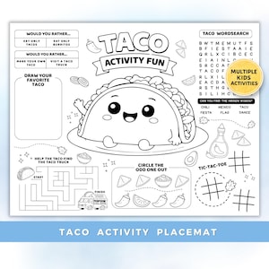 May include: Black and white taco-themed activity placemat. Features a smiling taco character, a taco word search, tic-tac-toe, a maze, and other fun activities for kids. Includes the text "Taco Activity Fun".