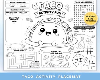 タコスアクティビティプレイスマット（印刷可能）、子供向けフィエスタぬりえ、迷路、単語探し、誕生日パーティーテーブルでの楽しみ