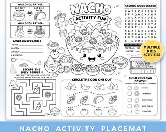 Utskrivbar aktivitetsunderlägg för Nacho, målarbild för barn med Fiesta Party, mexikansk matrestaurang, direktnedladdning