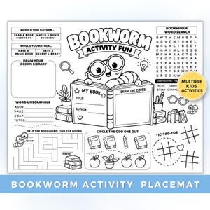 May include: A black and white activity placemat titled Bookworm Activity Fun featuring a central cartoon worm wearing glasses behind an open book. The sheet includes a word search, maze, tic-tac-toe, word unscramble, and drawing prompts.