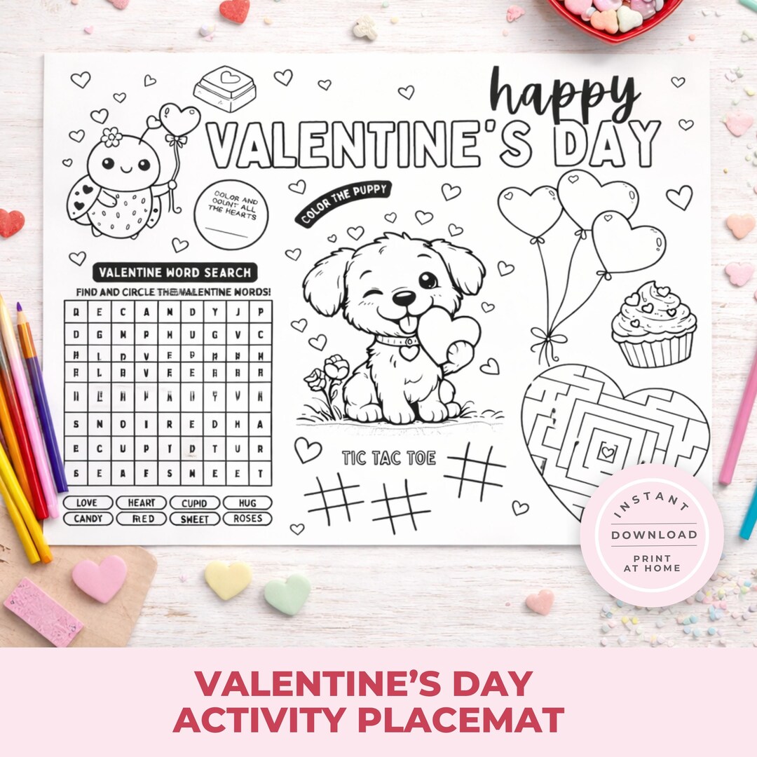 Valentine Activity Placemat Printable for Kids | Puppy Valentine ...