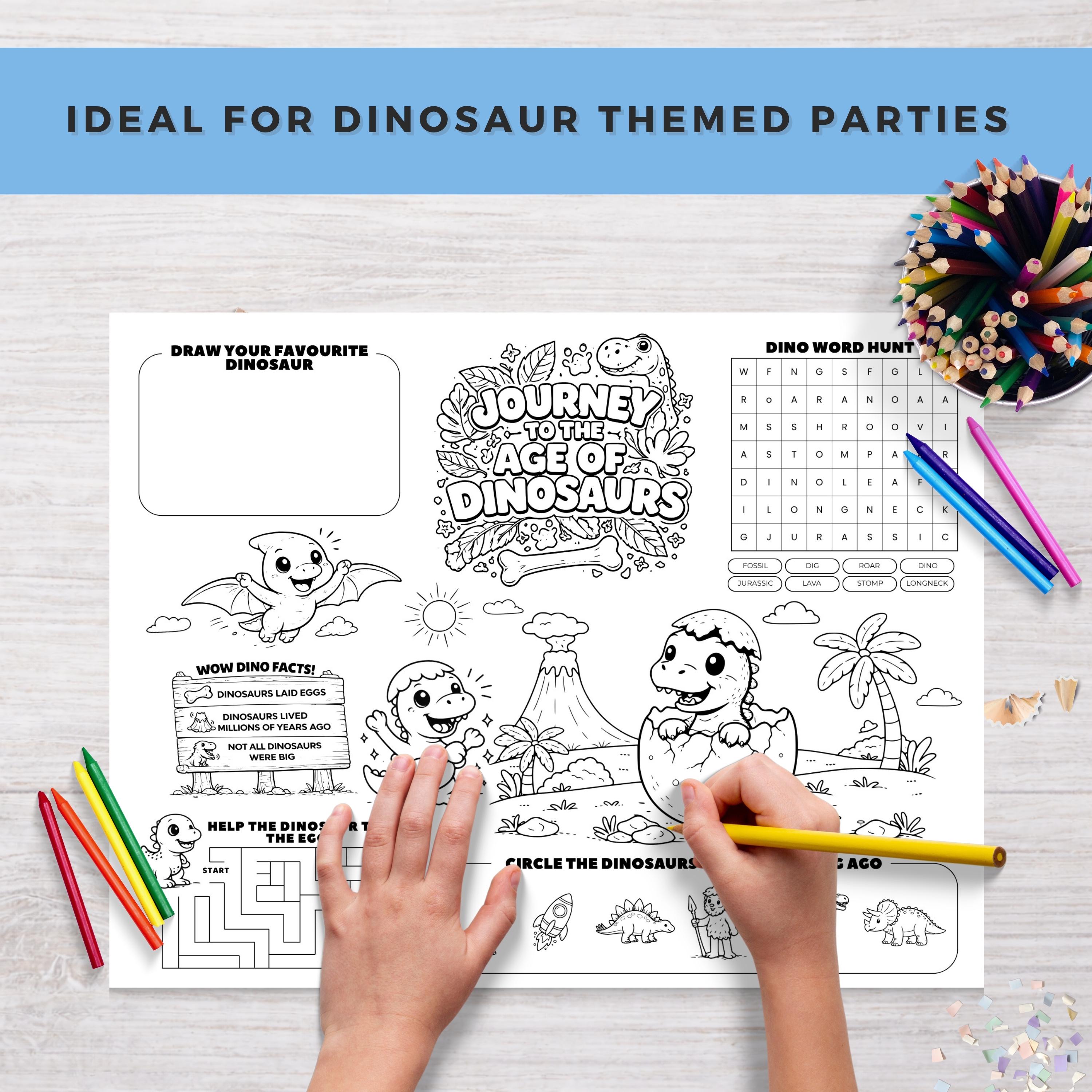 Dinosaur Activity Placemat Printable for Kids, Dino Coloring Page, Word ...