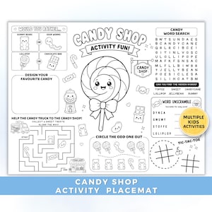 Könnte beinhalten: Eine schwarz-weiße Aktivitätsunterlage mit dem Titel Candy Shop Activity Fun, die einen großen Lutscher in der Mitte, ein Wortsuchrätsel, Wortentschlüsselung, Tic-Tac-Toe, ein Labyrinth und einen Bereich für Entscheidungsfragen zeigt.