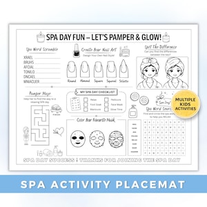 May include: A black and white activity placemat titled SPA DAY FUN – LET'S PAMPER & GLOW! featuring a word scramble, nail art design section, spot the difference game, a maze, a checklist, face mask coloring, and a word search puzzle.