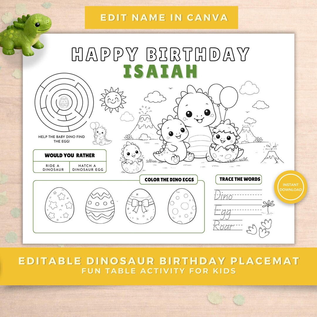 Dinosaur Birthday Placemat Printable Editable Name | Dino Party ...
