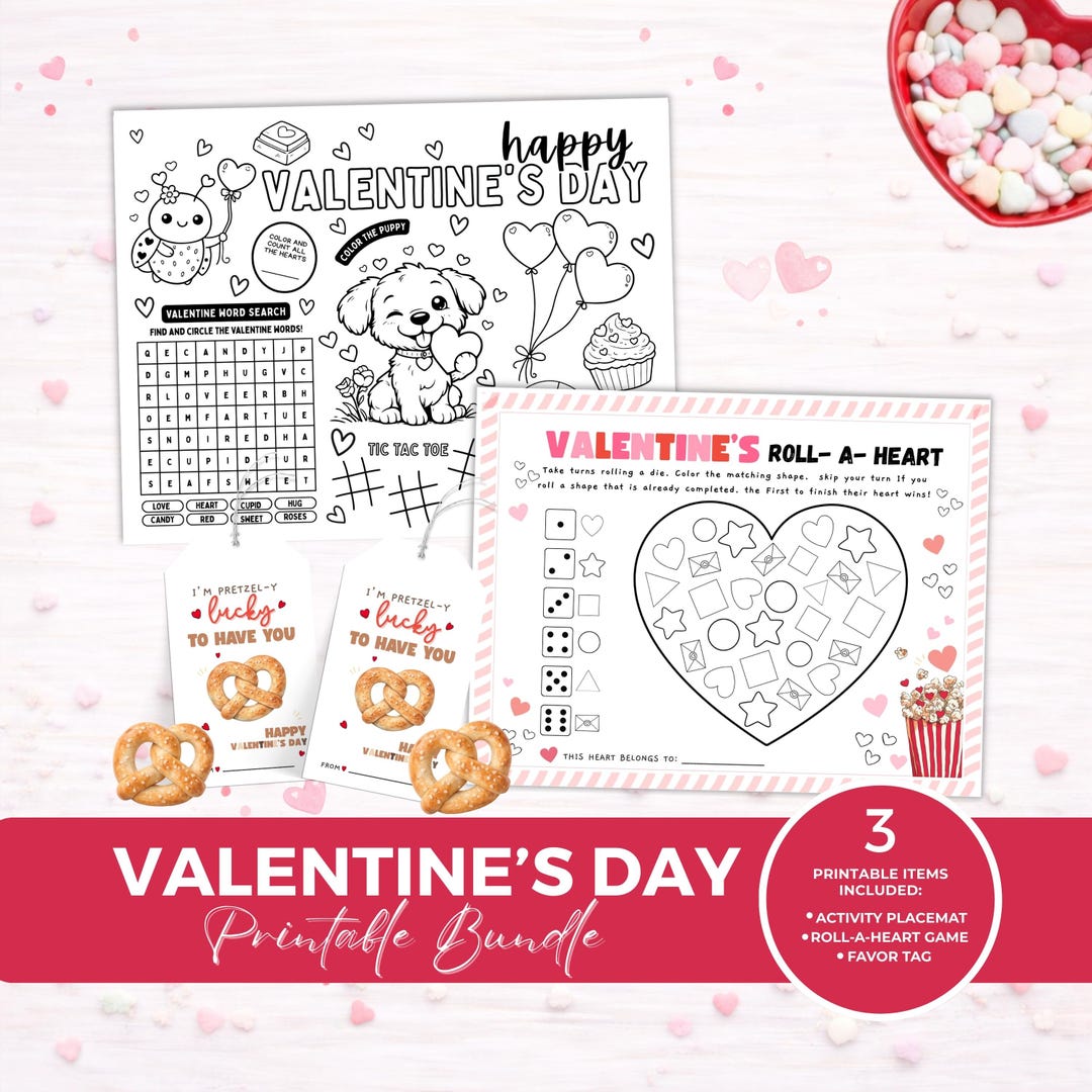 Valentine Printable Bundle – Kids Activity Placemat, Roll-a-heart Game ...