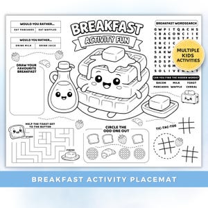 Breakfast Coloring Activity Placemat, Printable Kids Fun, Maze Games, Coloring Sheets & Puzzles for Cafes, Brunch, Parties