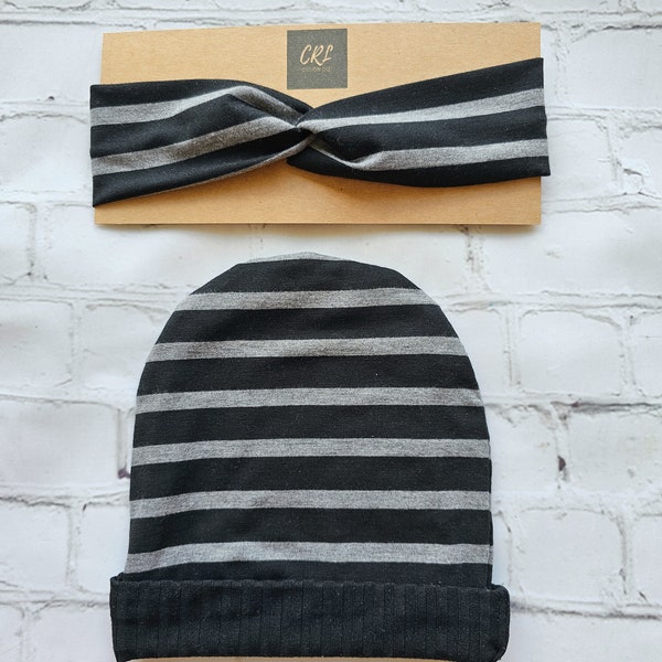 Black & Grey STRIPED BEANIE | mama + little man matching set | beanie hat | knot headband | individual items available | mom and son