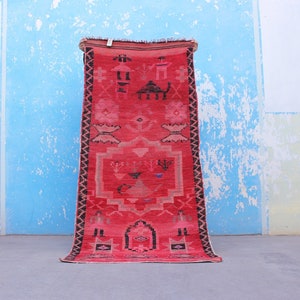 Handcrafted Runner Rug with Character Drawings of Moroccan Culture, Vintage Red Berber Moroccan Rug , Hallway Rug Runner image 1