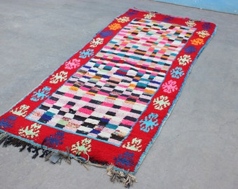 Colorful Checkered Rug Runner, vintage Moroccan rug, Berber Rug, colorful carpet, Handwoven Moroccan Carpet, Boujaad Rug