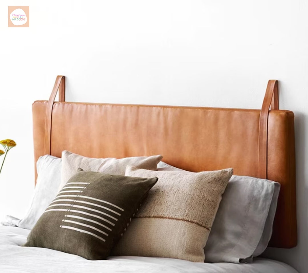 Leather Hanging Headboard With Straps Light Tan Leather, Bedroom Wall
