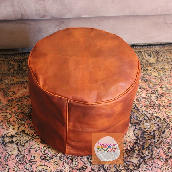 Boho Round Ottoman, Authentic Leather Footstool , handmade leather pouf ,ottoman footstool , ottoman leather