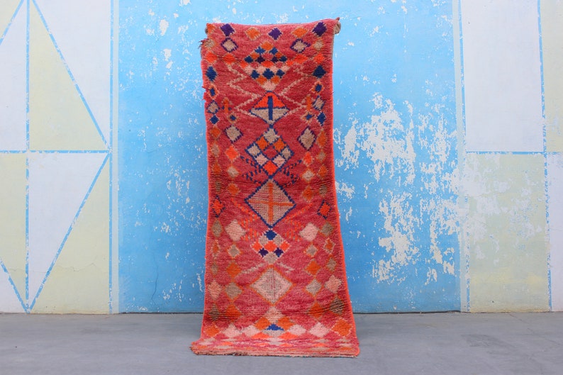 Red rug, Vintage Berber Moroccan Rug, Handwoven Red Boujaad Rug, Vintage Boujaad Rug, red moroccan rugs for bedroom & living room 8x2 image 1