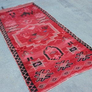 Handcrafted Runner Rug with Character Drawings of Moroccan Culture, Vintage Red Berber Moroccan Rug , Hallway Rug Runner image 4