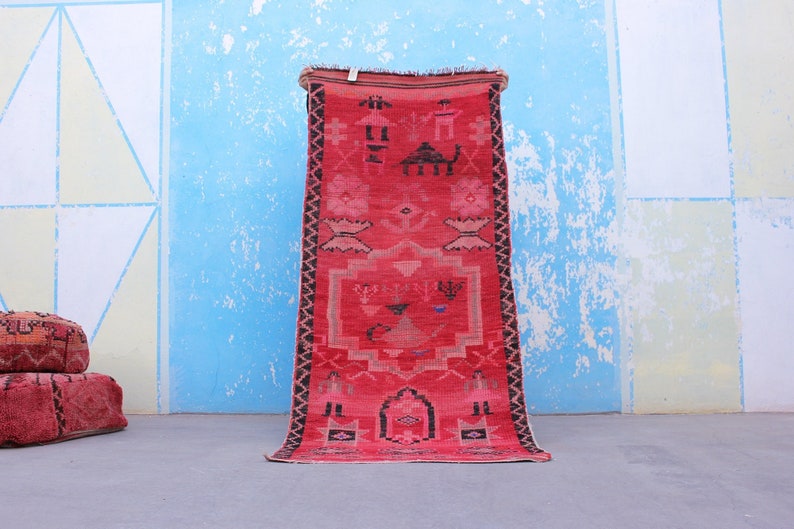 Handcrafted Runner Rug with Character Drawings of Moroccan Culture, Vintage Red Berber Moroccan Rug , Hallway Rug Runner image 1